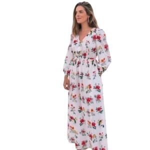 Gal Meets Glam Tabitha V-neck Long-sleeve White Floral Maxi Dress-size 8